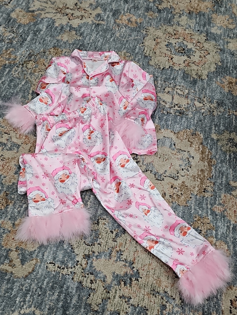Girls Pink Santa Print Pajama Set with Faux Fur Trim
